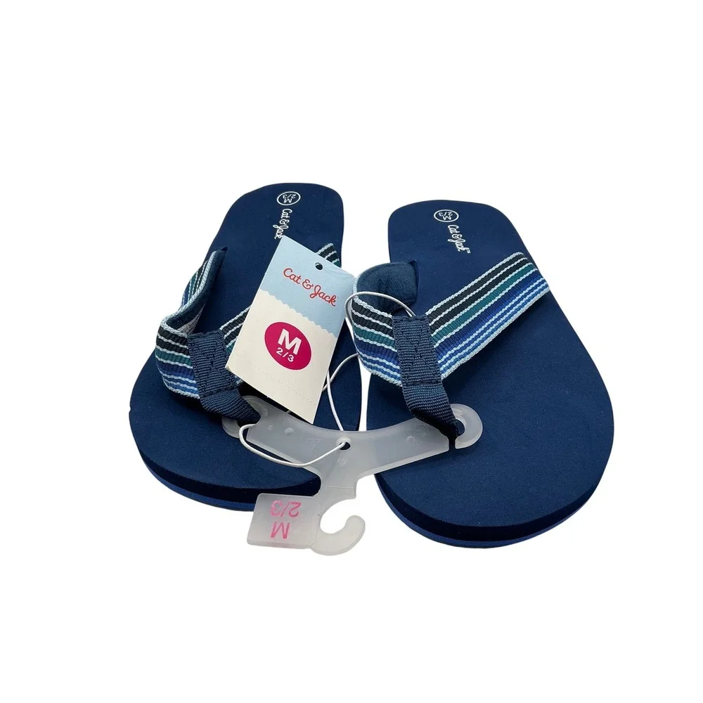 Cat &‎ Jack Boys Navy Blue Striped Flip Flop Sandals Size M 2/3 NWT
